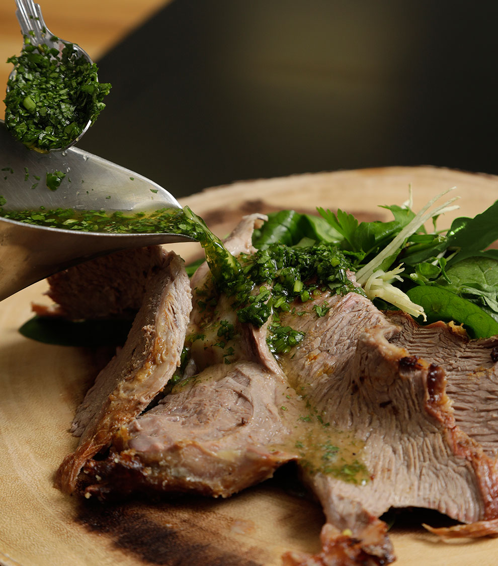 Sliced Lamb with Mint sauce and Garnish
